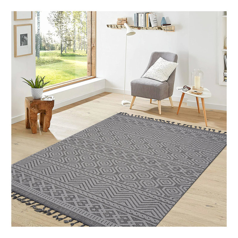 Collection Grey / White / Geometric Indoor / Outdoor Rug, Rectangle 7'9" x 10'