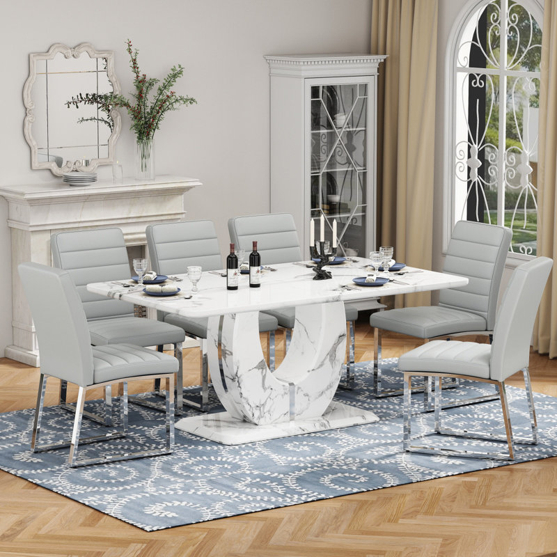 Dining Table set with PU Leather Upholstered Chairs, 7 Pieces: Table, 6 Chairs, Gray