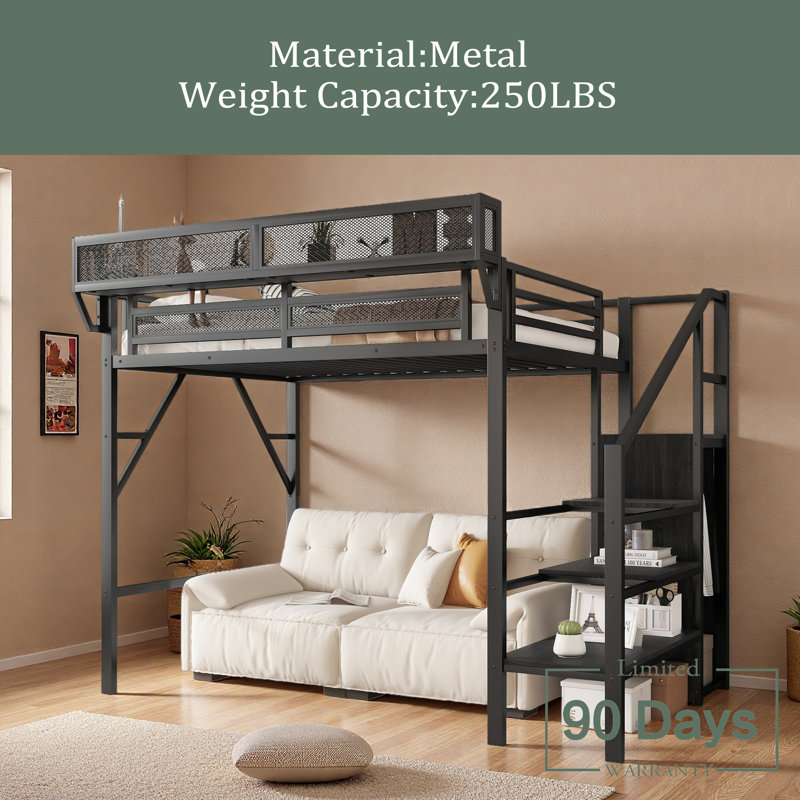 Twin Size Loft Bed With Stairs, Metal Full Loft Bed With Storage Shelves, High Loft Bed With Wardrobe For Kids Teens, Black