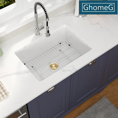 Évier de cuisine à simple cuve en céramique blanche encastrable avec ensemble de drain et grille inférieure L 27 po x l 19 po x H 10 po