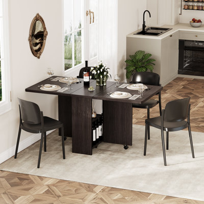 Folding Dining Table with 6 Wheels – Drop Leaf Table with 2-Tier Storage Shelves, Extendable Space-Saving Seats 2-4 for Small Spaces, Kitchen, Apartment, Office – Walnut, 120W x 60D x 75H cm