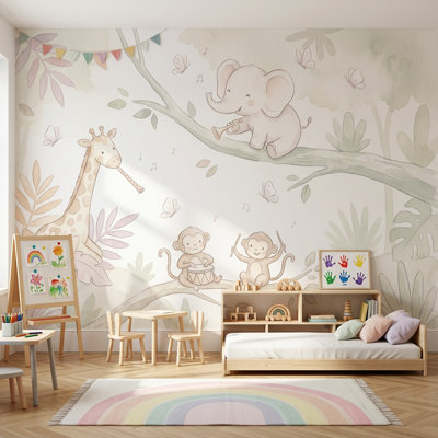 Papier peint amovible de chambre d'enfant avec instruments de musique animaux de la jungle