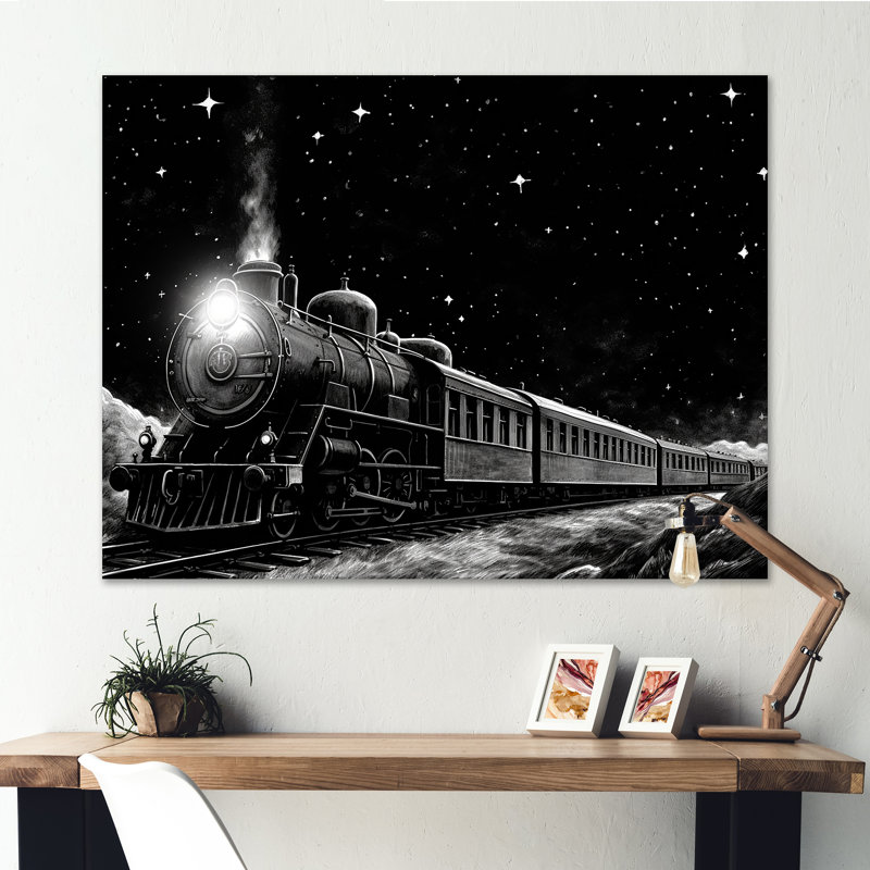 Train noir et blanc II - train, art mural, Toile tendue, H 16 po x l 32 po x P 1 po