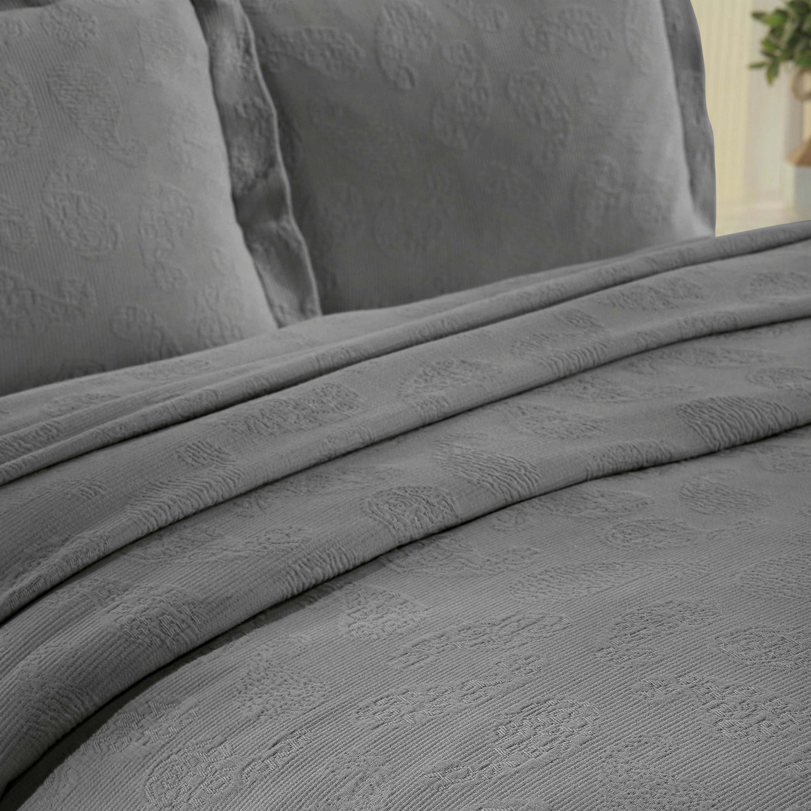 Cotton Bedspread Set, King Coverlet + 2 Standard Shams, Gray