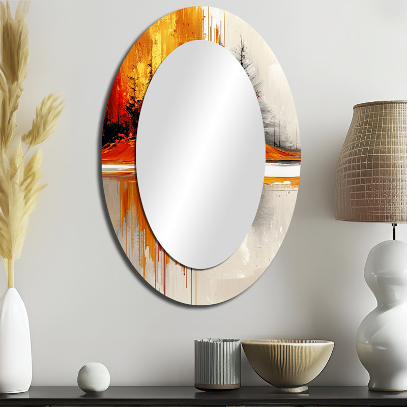 Abstract Autumn Forest In Ethereal Horizon II - Gold Modern Oval Wall Mirror, 36" x 24"
