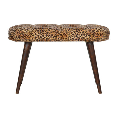 Gracie Mills 31-Inch Brown Tan and Walnut Tufted Animal Print Velvet and Solid Wood Upholstered Bench