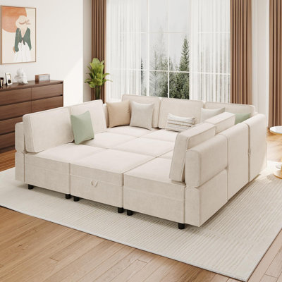 Canapé-lit modulaire en L 9 places avec repose-pieds avec rangement, beige - Canapé modulaire convertible pour salon, chambre à coucher, appartement