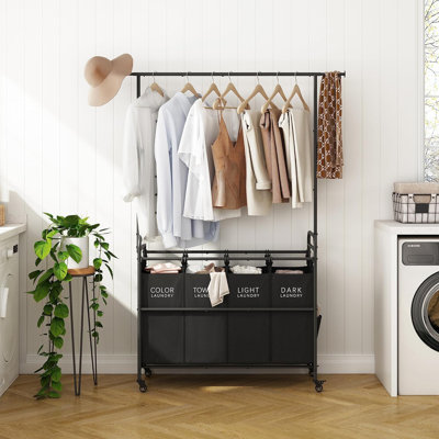 Chariot de trieur de linge avec support à vêtements suspendu, organisateur de panier de trieur 4 Butler, chariot de panier à linge avec roulettes verrouillables robustes, 4 couleurs
