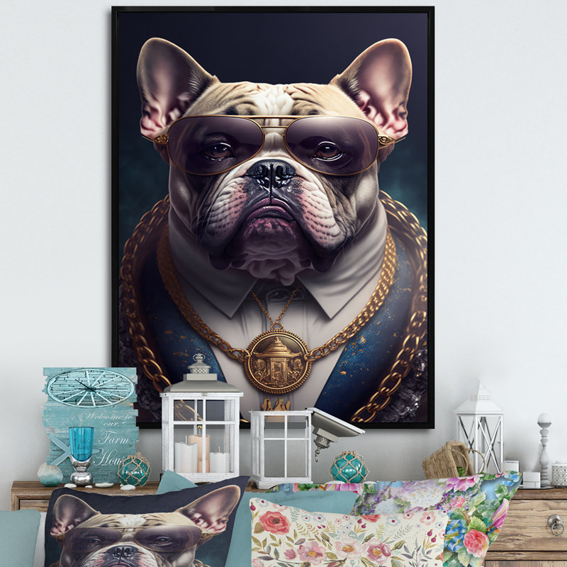 Mafia Frenchie I - reproduction sur toile, H 40 po x l 30 po x P 1,5 po, Cadre flottant noir