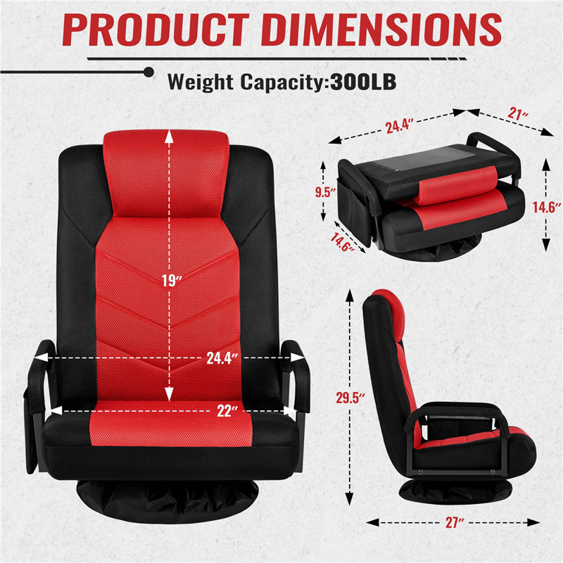 Adjustable Reclining Swivel Floor Gaming Chair, Black/Red