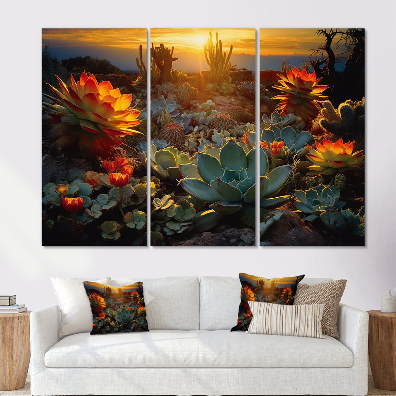 «Succulent Desert Cactus Field Burning Sunset» - ensemble d'art mural succulent, Toile tendue, H 40 po x l 60 po x P 1 po