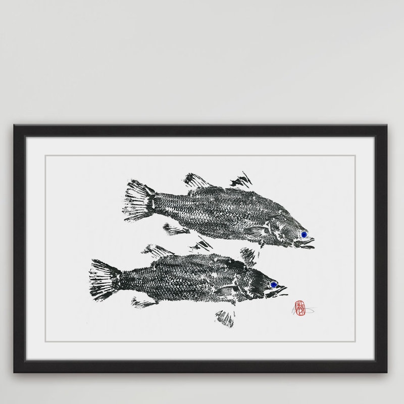 « blue avec fish », reproduction d’art encadrée, H 30 po x l 45 po x P 1,5 po