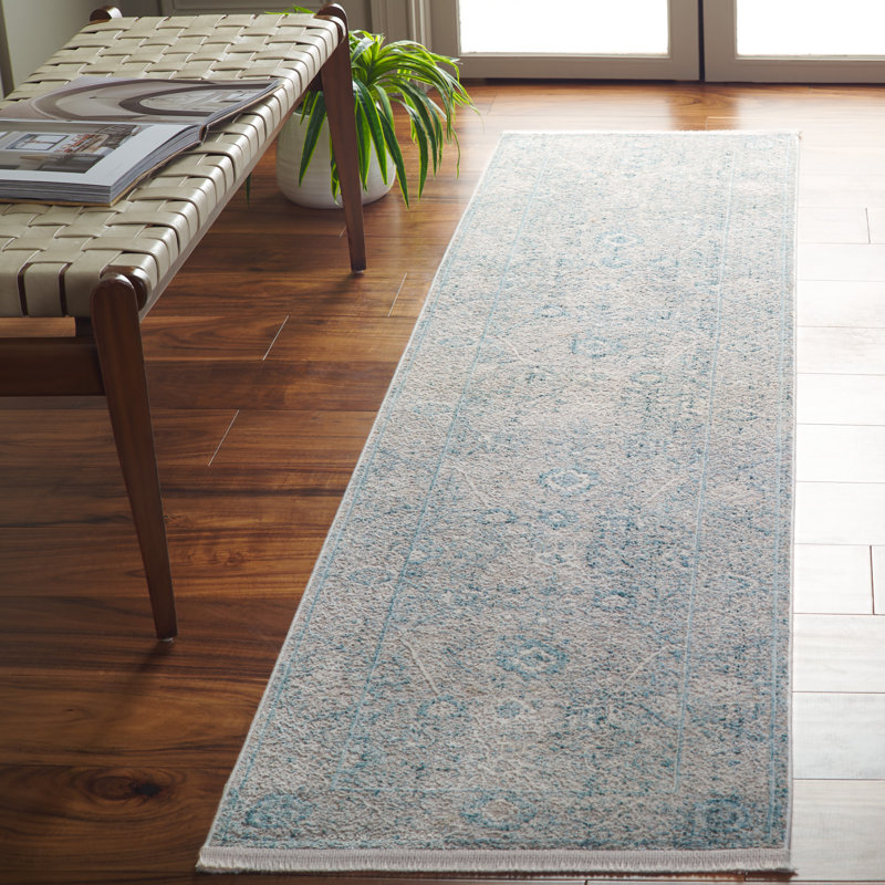 Tapis tissé à la machine rectangulaire gris / bleu Cassidi, Tapis de couloir 2 pi x 8 pi
