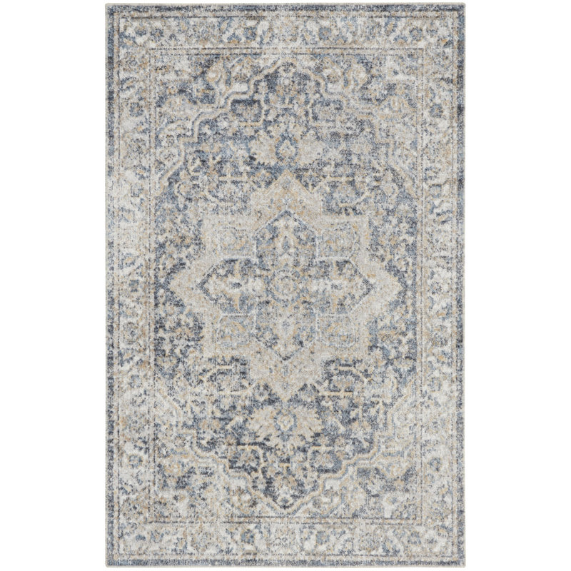 Tapis gris / bleu lavable à la machine Labounty, Rectangle 4 pi x 6 pi