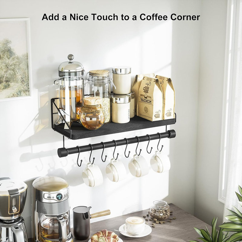 Tablettes murales flottantes pour chambre à coucher, tablettes de salle de bain murales avec barre à serviettes, tablette de cuisine en bois rustique avec crochets pour suspendre des ustensiles de cuisine ou des tasses