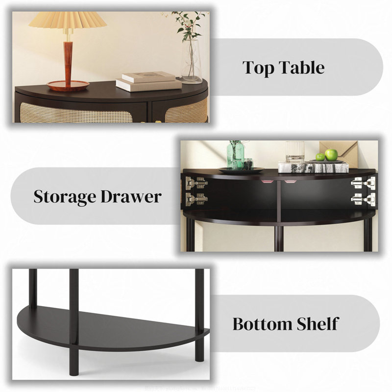 Unique Half Moon Design End Table with Sliding Rattan Door,Elegant Semi-circle Entryway Console Table with 2 Rattan Storage Cabinet and Bottom Shelf for Living room, Bedroom, Study, Hallway