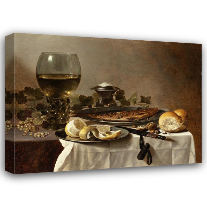 «Still Life with Herring, Wine and Bread» par pieter claesz - art mural de toile tendue avec châssis, H 24 po x l 17 po