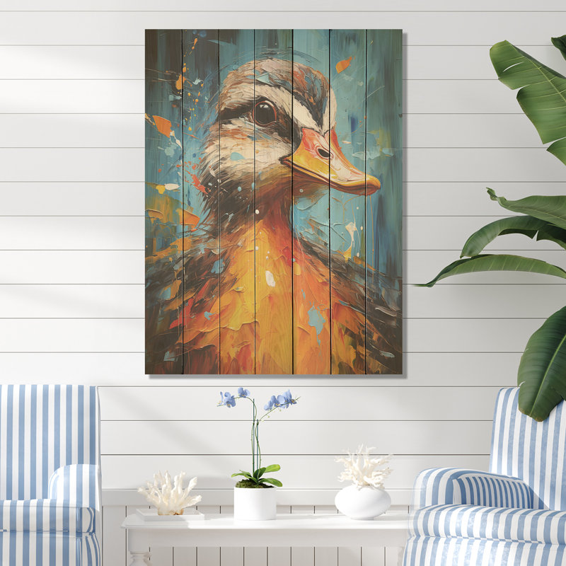 Portrait de canard bleu et jaune I - animal canard sur bois, H 20 po x l 10 po