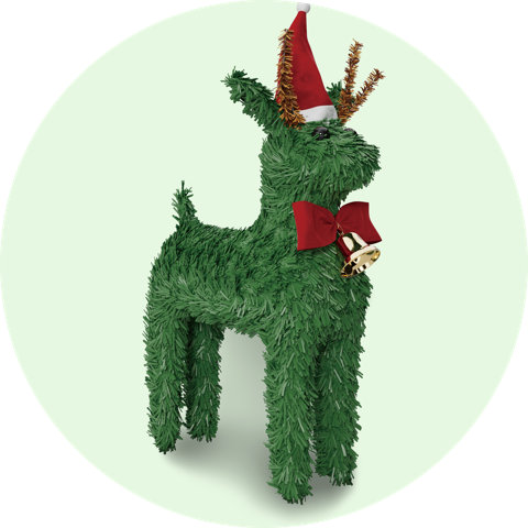 Green Christmas tinsel reindeer with red bow and Santa hat.