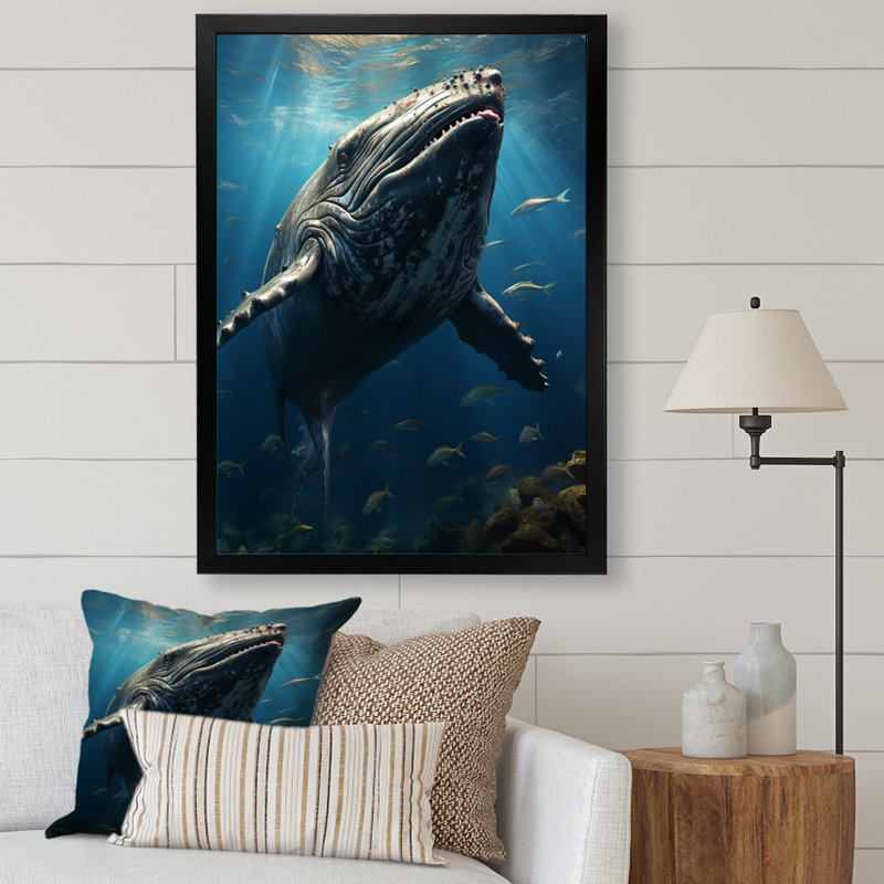 Aad " Animal Whale In Deep Ocean ", 20" H x 12" W x 1" D, Black Single Picture Framed Canvas