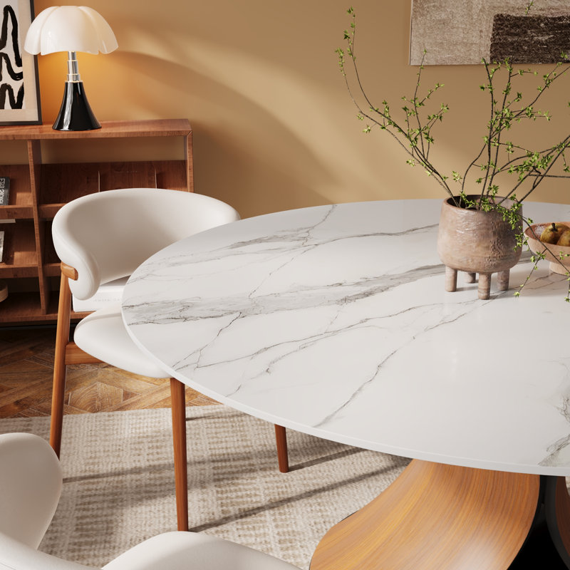 Table de salle à manger sculpturale en forme de X, 30.51" H x 47" W x 47" D, Snowy White / Walnut