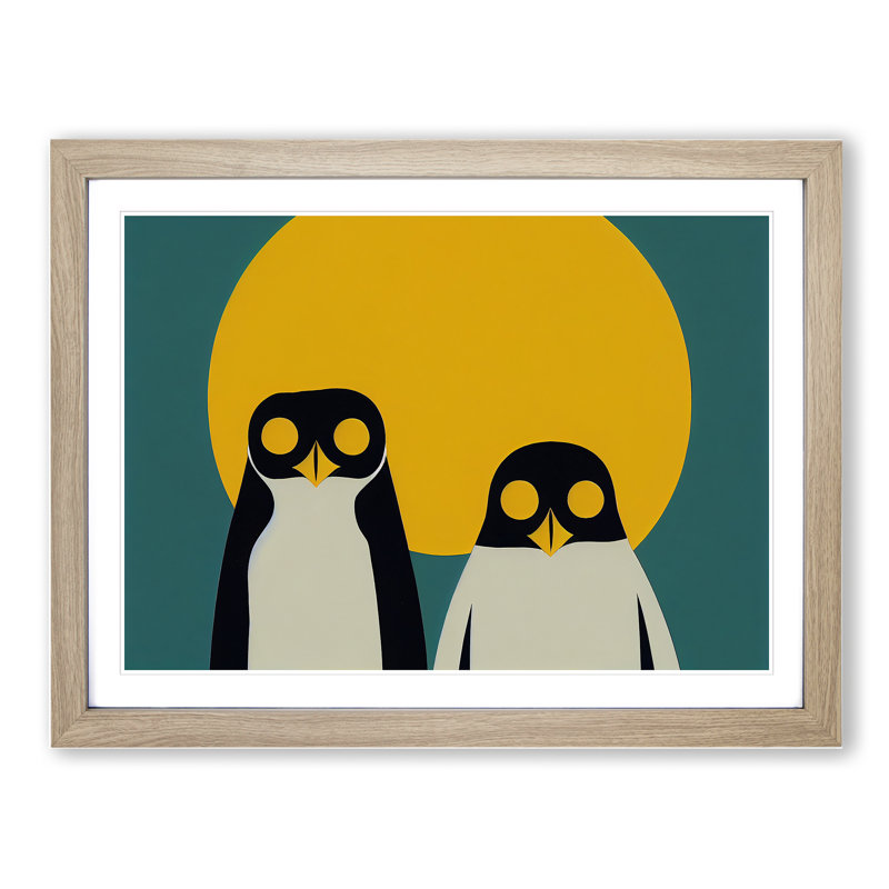 XH1022-9259X Two Abstract Penguins - Single Picture Frame Print, 46cm H x 64cm W x 2cm D, Oak Framed