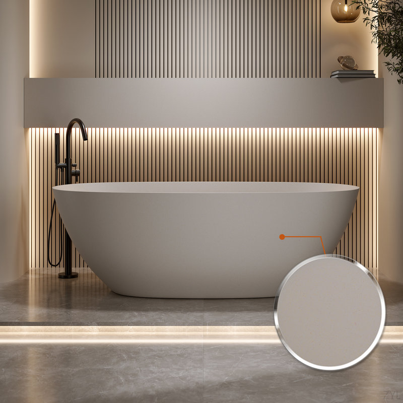 Baignoire de trempage autoportante en résine de 61 po à surface solide avec trop-plein et drain escamotable 61 po, Beige