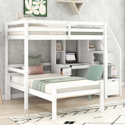 Lit mezzanine avec lit autonome, escalier de rangement, bureau, tablettes et tiroirs