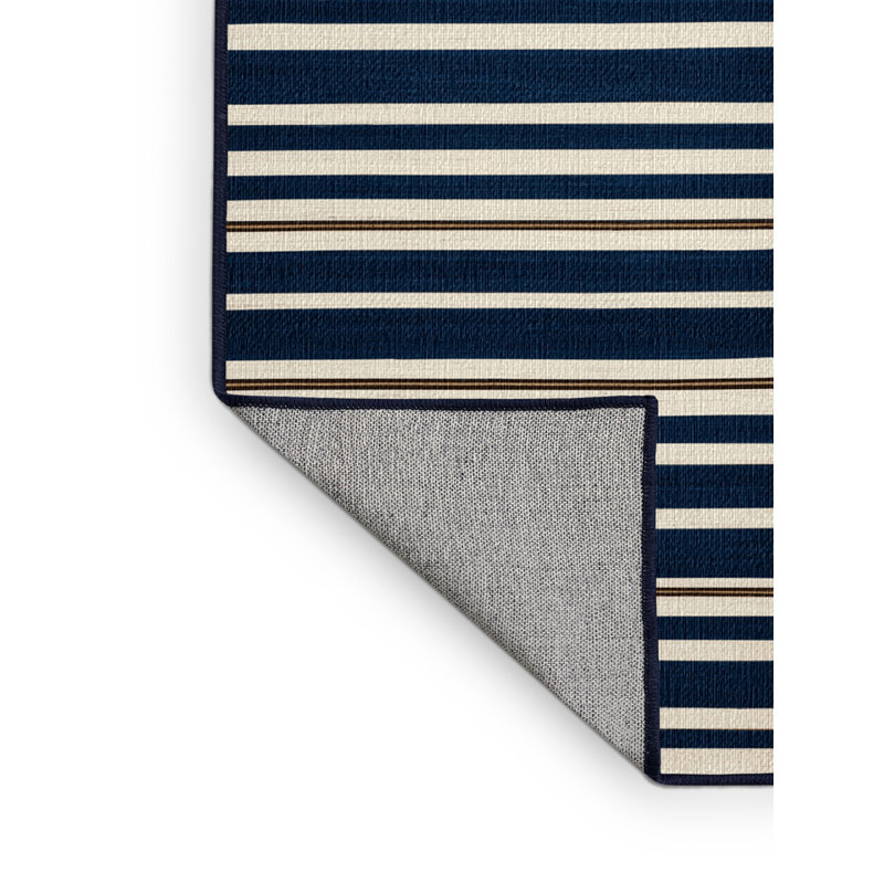 Washable Dark Blue White Striped Area Rug, Round 4'