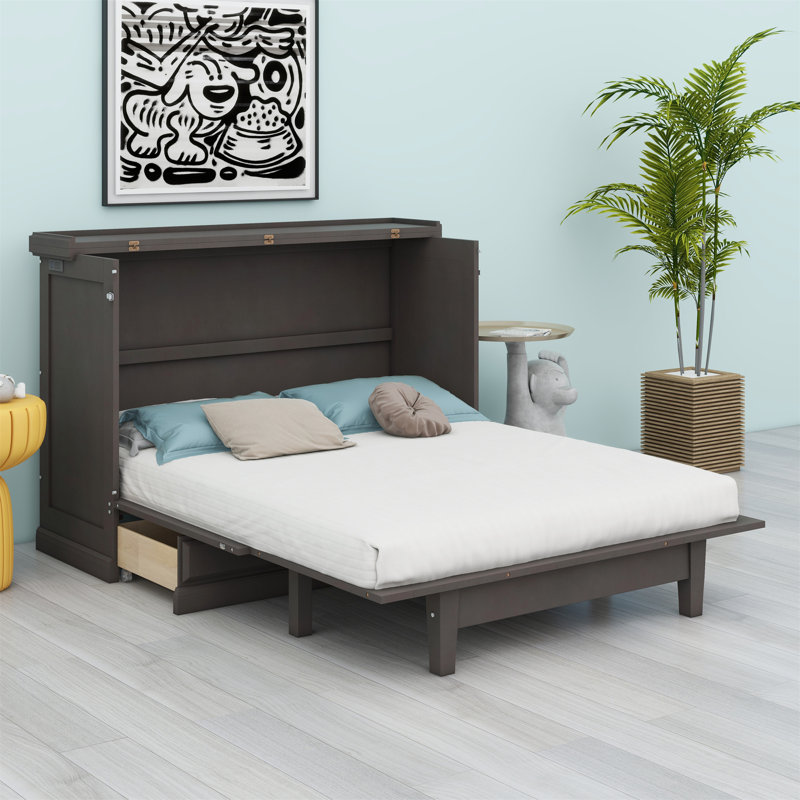 Lit escamotable en bois avec station de charge et grand tiroir de rangement, Double, gris