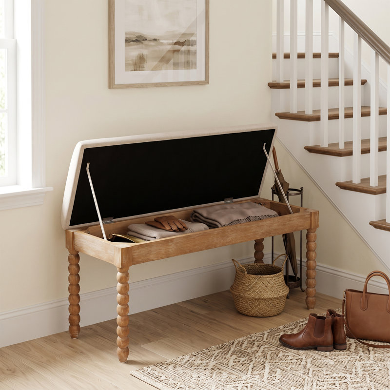 Linen Upholstered Bench with Flip Top, Natural Wood