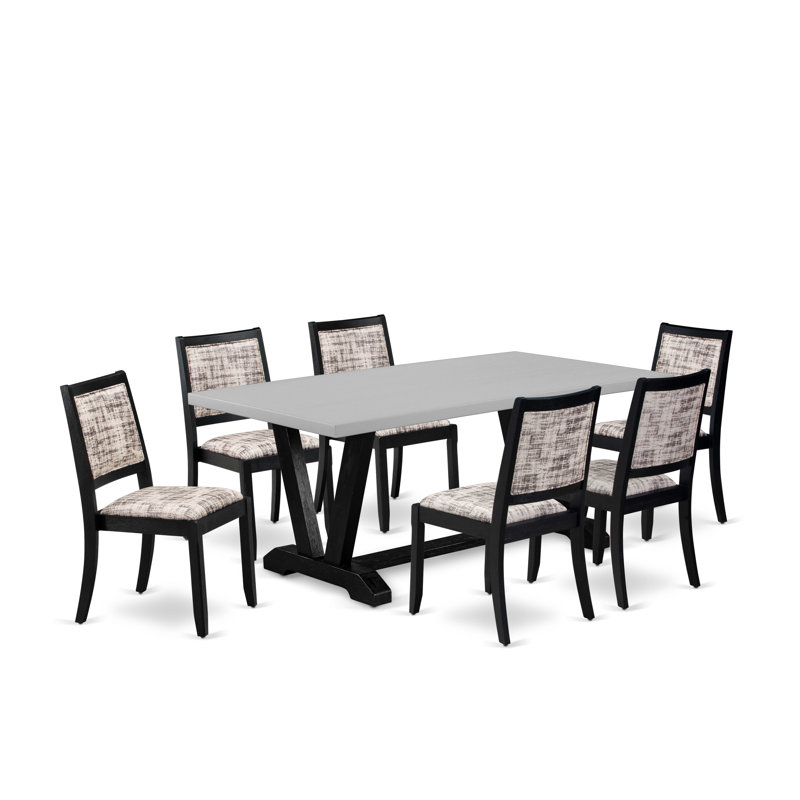 7-pc dining table set consists of a wooden table with tabletop and 6 stackable chairs with White and Gray Pattern Polyester Fabric - Wire-brushed Black