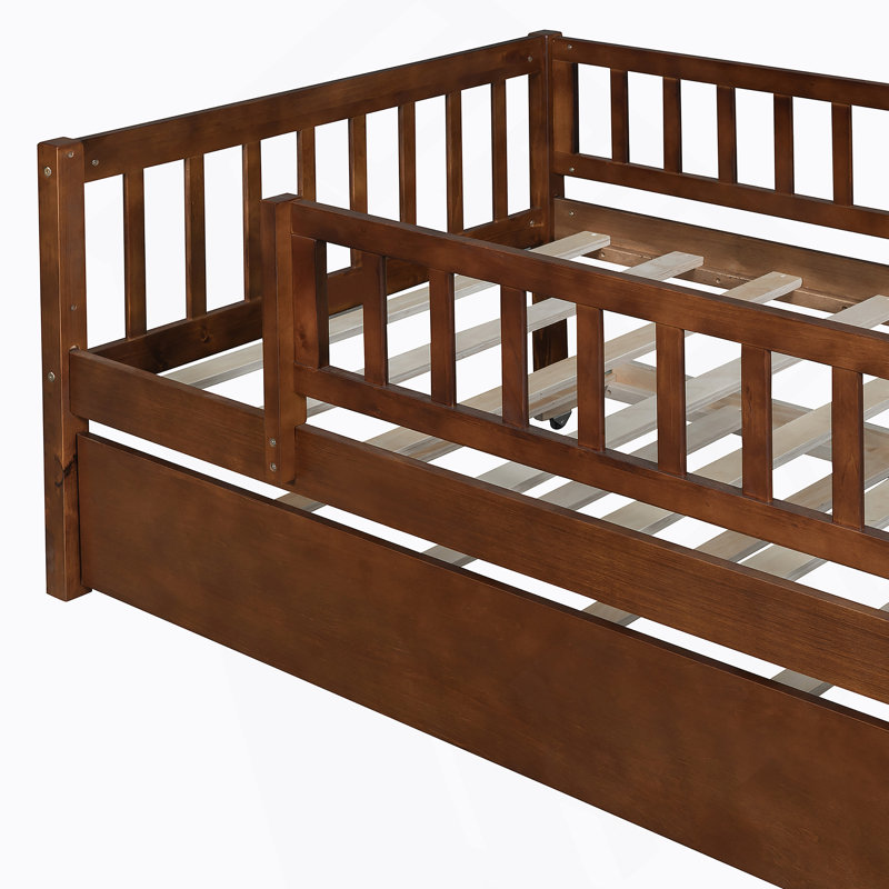 Wood Daybed With Trundle And Fence Guardrails, Walnut, Twin
