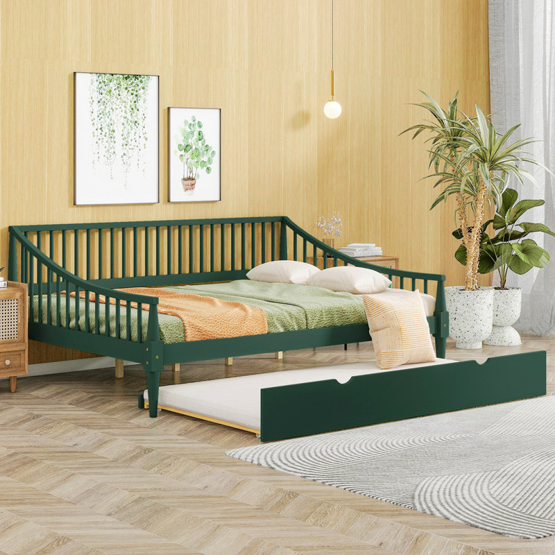 Lit de jour double en bois massif, Vert, Lit double