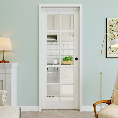 30" x 96" 10-Lite Clear Glass Interior Prehung Door with Round Knob and Black Hinges, Clear Glass Door Slab, Paintable & Waterproof, Suit for Laundry, Closet Doors, Room Doors, Left Hand