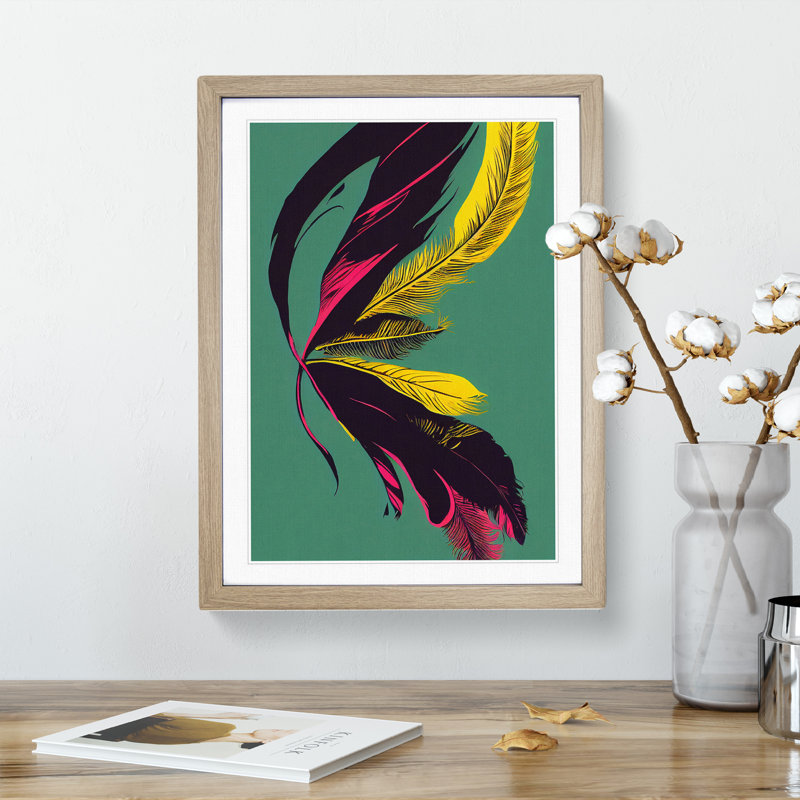 Colourful Feather No.4 - Print, 36cm H x 27cm W x 2cm D, Oak Framed, White