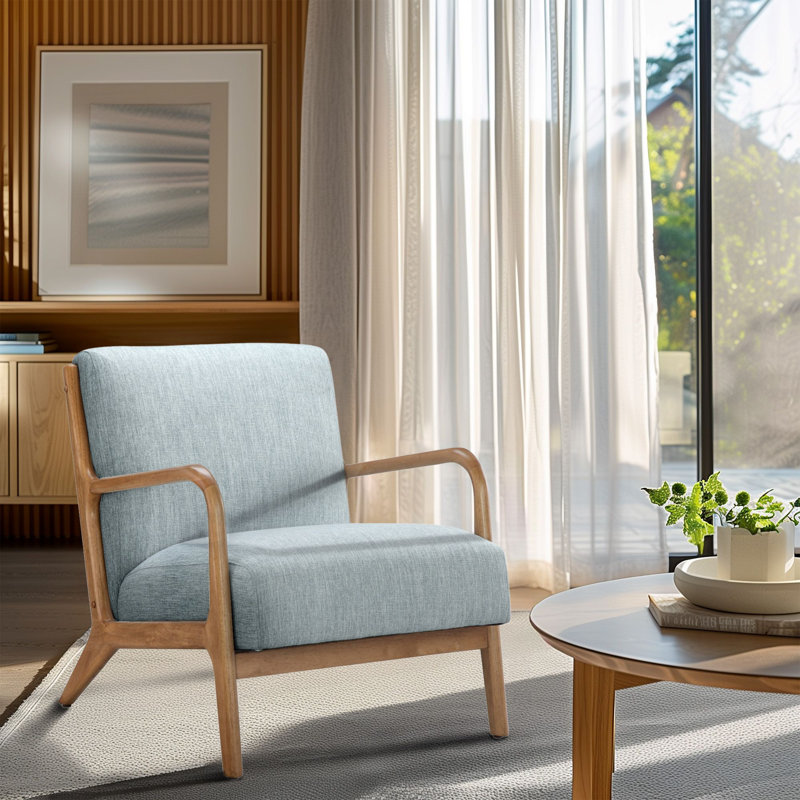 Novak Mid-Century Armchair with Solid Wood Frame & Spring Cushion, Blue Polyester Blend