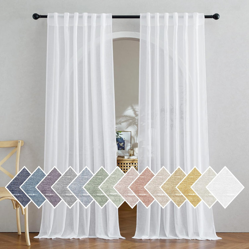 Sheer Linen Curtains for Living Room, Rod Pocket & Back Tab Semi Sheer Drapes Privacy Semitransparent Faux Flax Open Linen Panels for Study Room