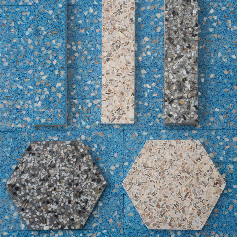 Amalfi 3 x 12 po Yosemite bleu avec des taches de cuivre lustré coquille, Terrazzo allongé métro mur et plancher carrelage (5 pieds carrés / caisse, paquet de 20)