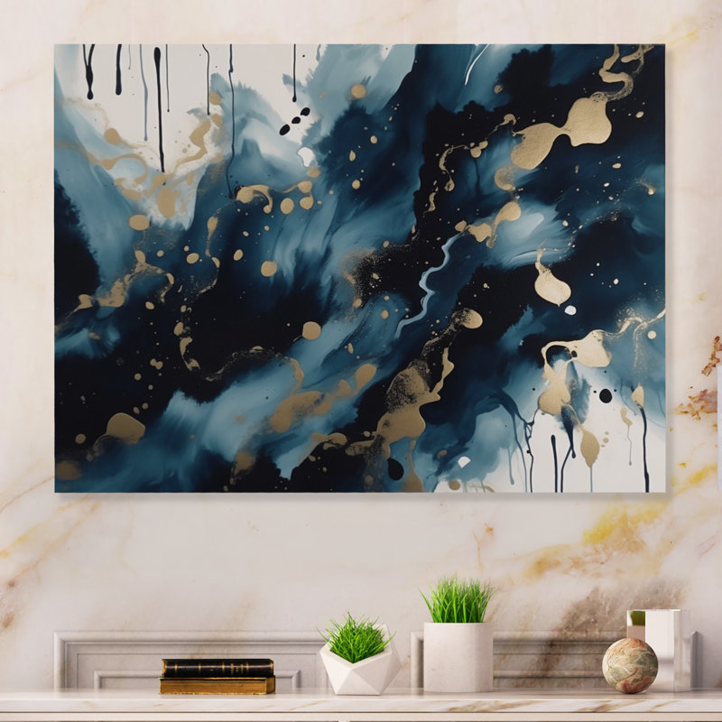" Blue And Gold Marble Liquid Ink ", 12" H x 20" W x 1" D