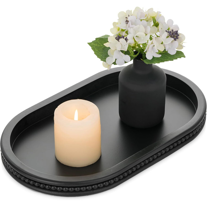 Black Beaded Wood Tray Oval Farmhouse Centerpiece