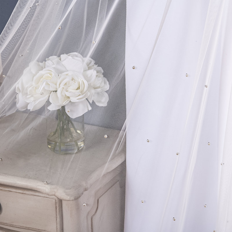 Pearl Beaded Tulle Overlay Room Darkening Grommet Curtains (Set Of 2), 52" W x 96" L , White