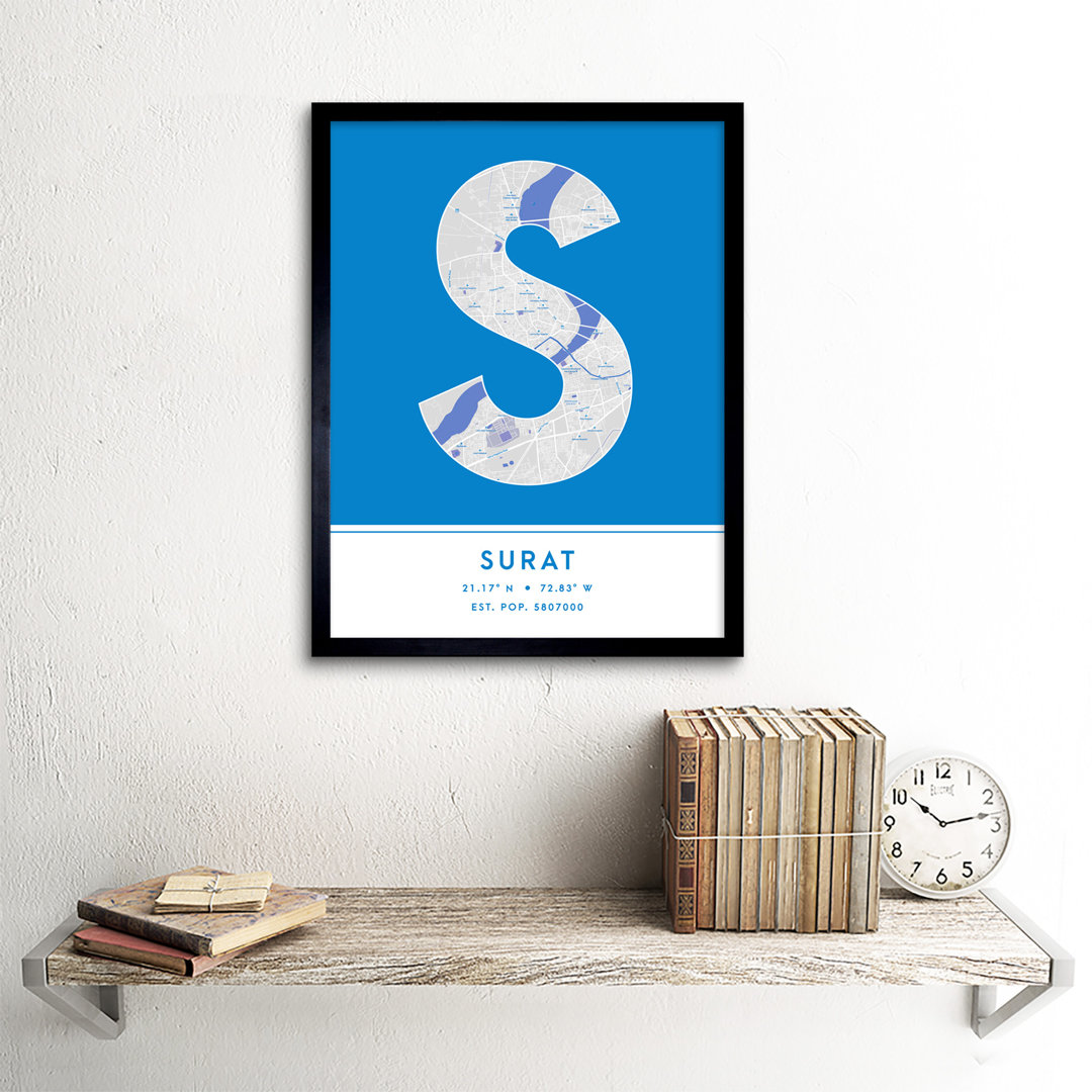 Surat City Map Surat Blue by Wee Blue Coo - Single Picture Frame Typography