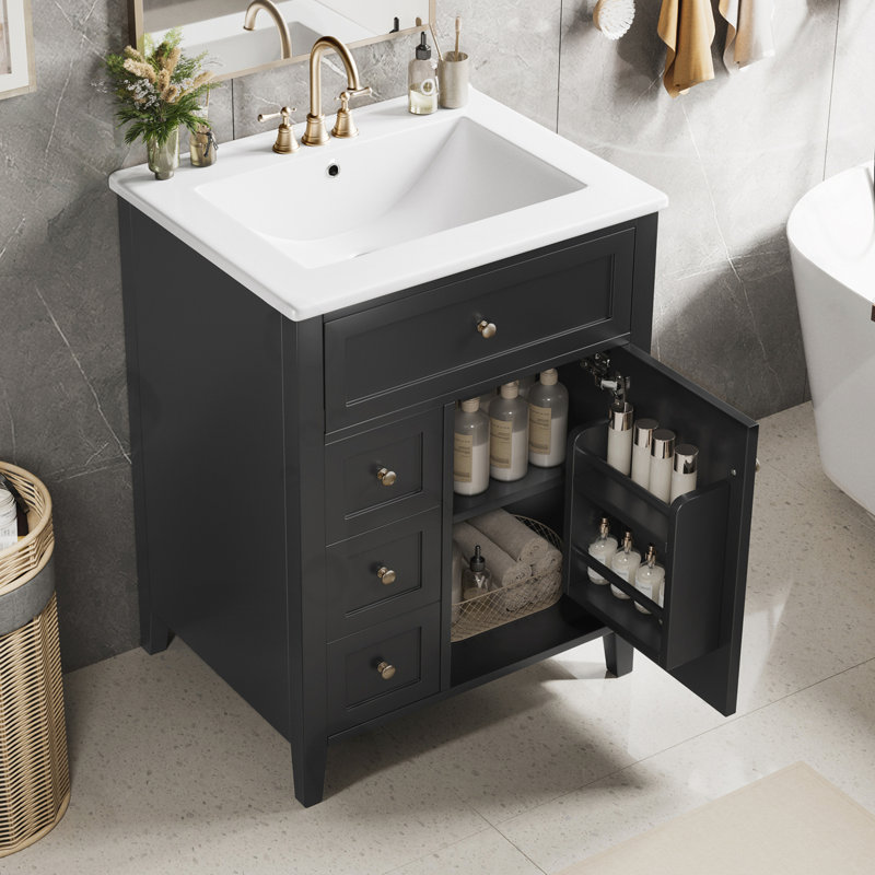 Meuble-lavabo avec lavabo, 3 tiroirs et armoire, Noir