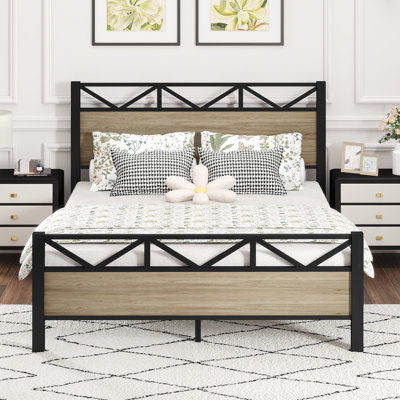 Full Size Metal Platform Bed Frame With Wood Headboard And Footboard, Easy Assembly, Brown And Black