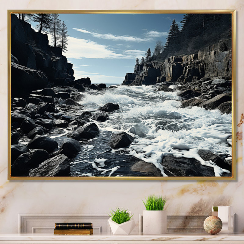 Berkay Canada, rivage rocheux sur toile, H 30 po x l 40 po x P 1,5 po, Cadre flottant doré