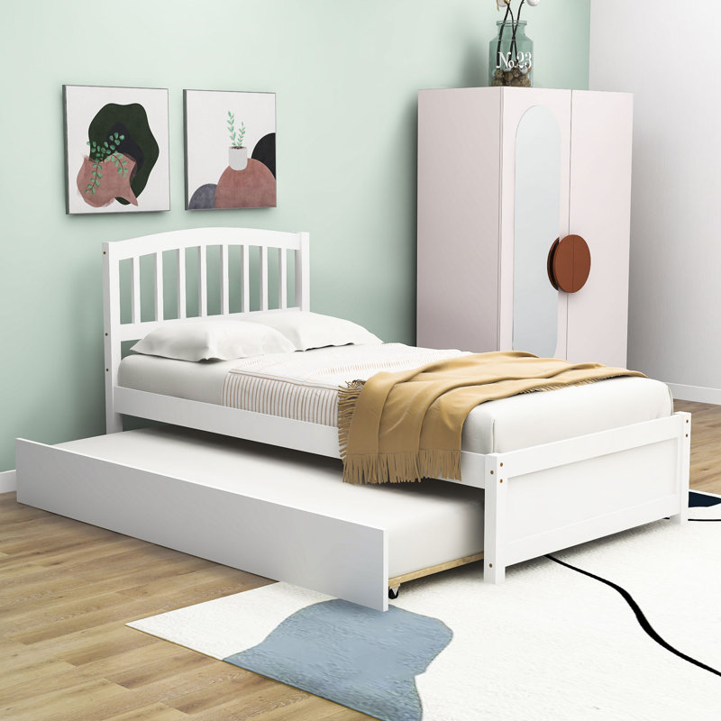Lit plateforme simple en bois avec lit gigogne, Blanc