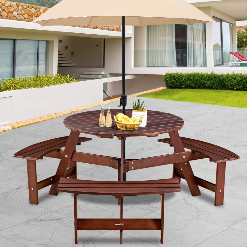 6-Person Circular Outdoor Wooden Picnic Table For Patio, Backyard, Garden, DIY W/ 3 Built-In Benches, 1720Lb Capacity 