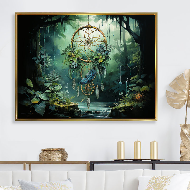 Dreamcatchers regard sur toile, Cadre flottant doré, H 16 po x l 32 po x P 1 po
