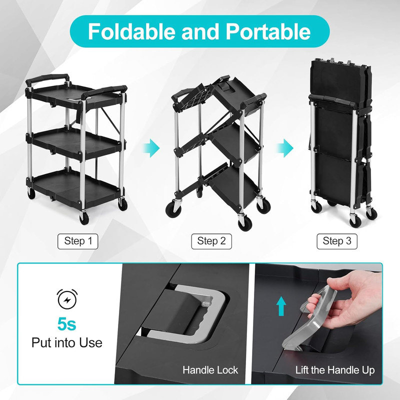 Collapsible Utility Cart, 3-Tier Foldable Service Cart with 360° Swivel Wheels, Black